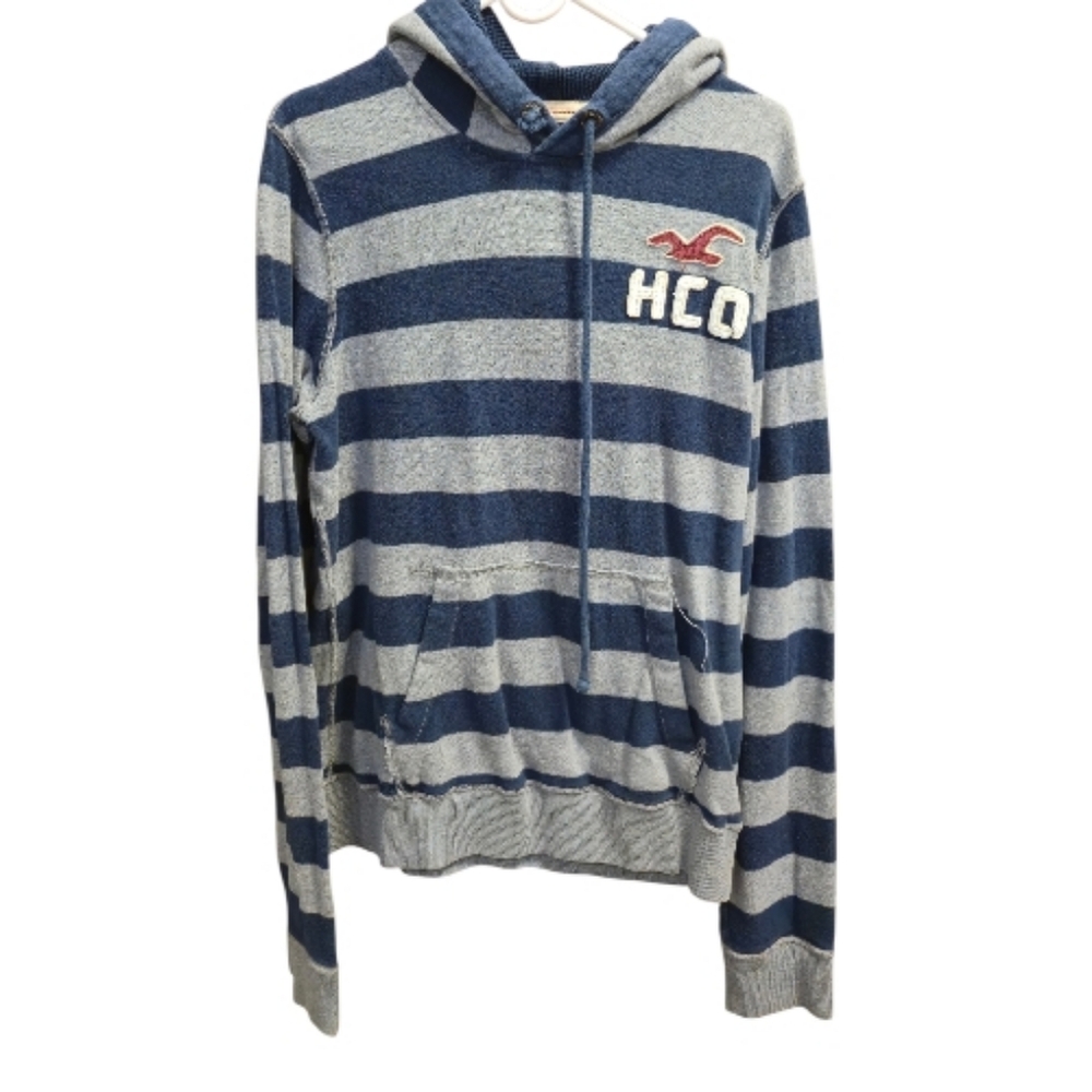 Holister Navy and Gray Men's Striped Hoodie